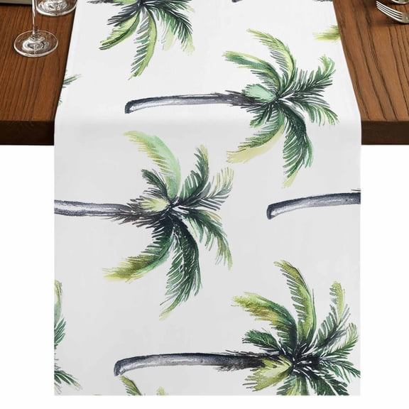 Green Palm Trees 48 Inch Table Runner, Summer Botanical Watercolor Farmhouse Dresser Scarf Cotton & Linen Tablerunner for Dining/Kitchen Island/Holiday Party Décor 13" x 48"