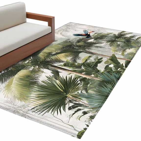 Green Palm Trees Area Rug 4x6 Washable Rug Non Slip Tropical Rainforest Botanical Summer Large Area Rug Indoor Floor Carpet for Entryway Bedroom Kitchen Living Room Home Office Dining Room Nursery