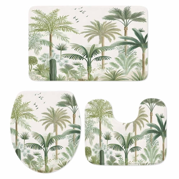 Green Palm Trees Bath Mat 3 Piece Bathroom Rug Set, Farmhouse Summer Leaves Plants Birds Non Slip Bath Rug Contour Mat and Toilet Lid Cover, Absorbent Shower Mats Soft Bath Rugs and Mats Sets