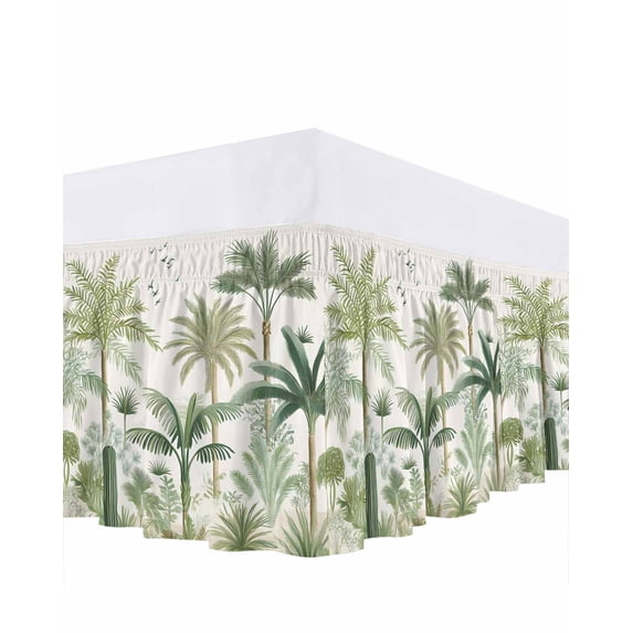 Green Palm Trees Bed Skirt Queen Size, Farmhouse Summer Leaves Plants Birds Wrap Around Bed Skirting with Adjustable Elastic Strap, Dust Ruffle Pleated Bedskirts 16 Inch Drop for Bedroom Queen Beds