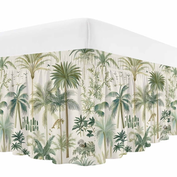 Green Palm Trees Bed Skirt Queen Size, Tropical Summer Botanical Wrap Around Bed Skirting with Adjustable Elastic Strap, Dust Ruffle Pleated Bedskirts 18 Inch Drop for Bedroom Queen Beds