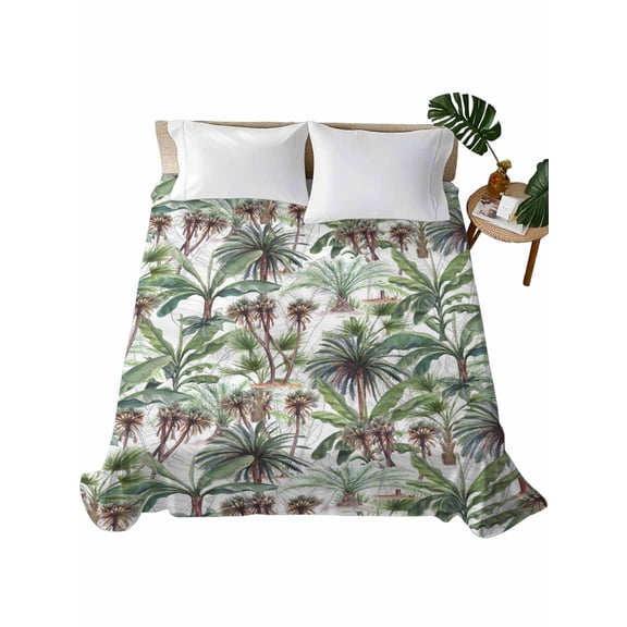 Green Palm Trees Flat Sheets Only Queen Size, Soft Breathable Bed Top Sheets for Mattress, Summer Botanical Tropical Leaves Luxury Bedding Flat Sheets for Home Hotel Bedroom Bed Protection