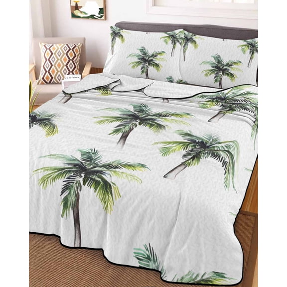 Green Palm Trees Full Size Down Alternative Comforter, Lightweight Comforter Quilt Bedding Set with Pillow Shams Summer Botanical Modern Art All Seasons Bed Comforter Duvet Insert 78"x90"