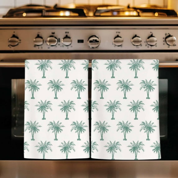 Green Palm Trees Kitchen Towels Set of 1, Country Summer Botanical Tropical Plants Absorbent Dish Towels for Kitchen, Microfiber Hand Towel, Quick Drying Tea Towel for Cleaning Decorative Dishcloths