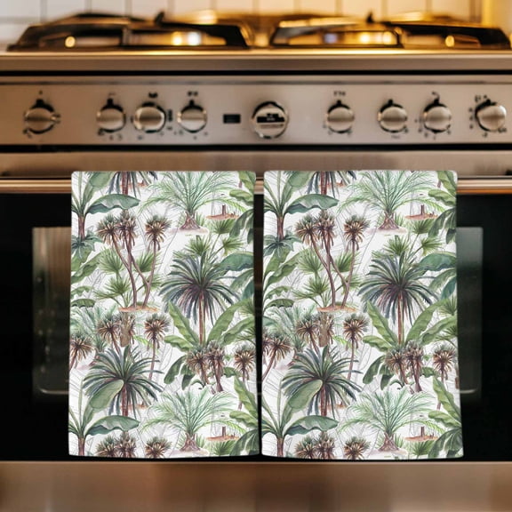 Green Palm Trees Kitchen Towels Set of 2, Summer Botanical Tropical Leaves Absorbent Dish Towels for Kitchen, Microfiber Hand Towel, Quick Drying Tea Towel for Cleaning Decorative Dishcloths