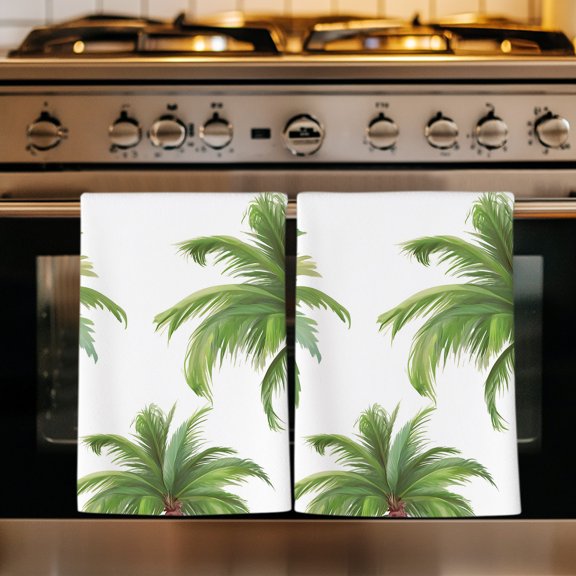 Green Palm Trees Kitchen Towels Set of 4, Summer Botanical Tree Tropical Absorbent Dish Towels for Kitchen, Microfiber Hand Towel, Quick Drying Tea Towel for Cleaning Decorative Dishcloths