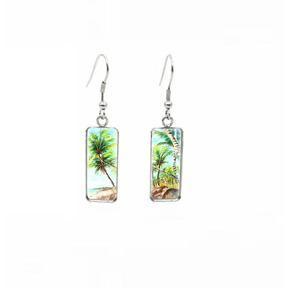 Green Palm Trees On Beach Rectangular Drop Earrings