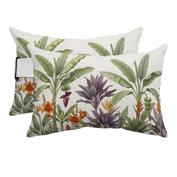 Green Palm Trees Outdoor Pillows for Chaise Lounge Chair Beach Headrest Pillow Set of 2 Waterproof Lumbar Pillows with Insert&Adjustable Strap Summer Tropical Flowers Plants Beige Pool Pillow 12"x20"
