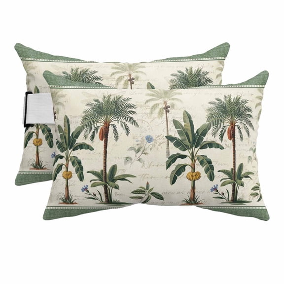 Green Palm Trees Outdoor Pillows for Chaise Lounge Chair Beach Headrest Pillow Set of 2 Waterproof Lumbar Pillows with Insert&Adjustable Strap Summer Tropical Plants Banana Beige Pool Pillow 12"x20"