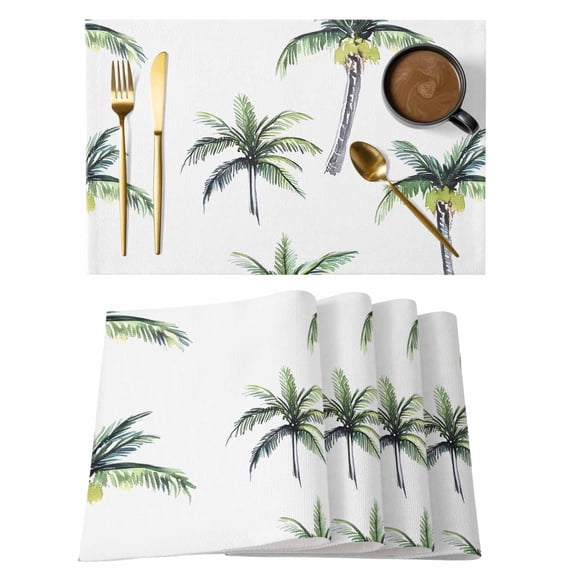 Green Palm Trees Placemats Set of 6 Summer Botanical Beach Modern Art Place Mats Indoor Wipeable Table Mats Washable Cloth Dining Table Placemats for Kitchen Holiday Party Home Decor 13x19 Inch