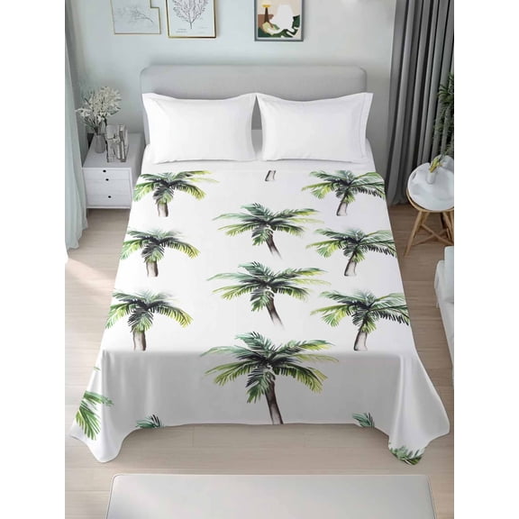 Green Palm Trees Queen Size Flat Sheet, Wrinkleproof & Fadeproof Cooling Flat Bed Sheet Only, Summer Botanical Modern Art Breathable Soft Bedding Top Sheets 90 x 102 Inches