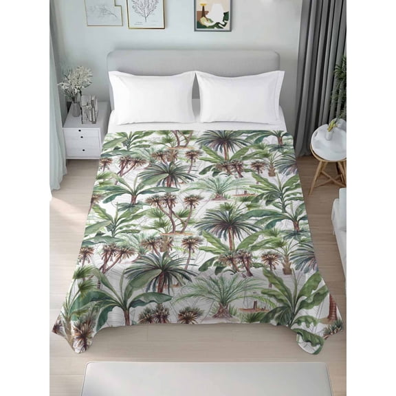 Green Palm Trees Queen Size Flat Sheet, Wrinkleproof & Fadeproof Cooling Flat Bed Sheet Only, Summer Botanical Tropical Leaves Breathable Soft Bedding Top Sheets 90 x 102 Inches