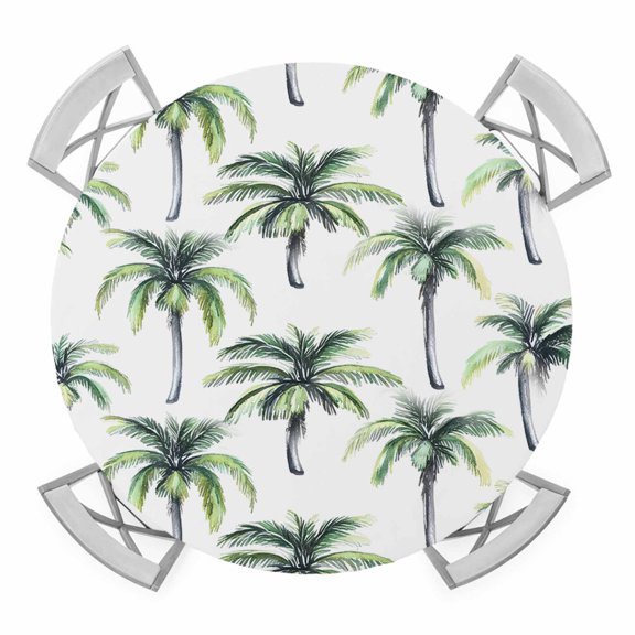 Green Palm Trees Round Tablecloth for 36-44 Inch Tables, Fitted Table Cover with Elastic Edge, Summer Botanical Watercolor Waterproof Outdoor Table Cloth Protector for Patio Garden Dinner Picnic
