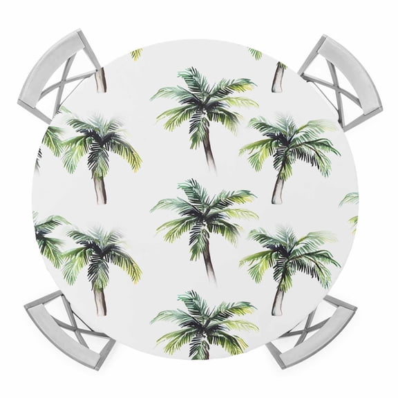 Green Palm Trees Round Tablecloth for 45-54 Inch Tables, Fitted Table Cover with Elastic Edge, Summer Botanical Modern Art Waterproof Outdoor Table Cloth Protector for Patio Garden Dinner Picnic