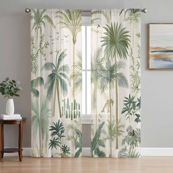 Green Palm Trees Sheer Curtains 63 Inch Length 2 Panels Set, Tropical Summer Botanical Voile Window Treatment Rod Pocket Curtains Sheers Drapes for Bedroom/Living Room/Kitchen 52x"63"x2