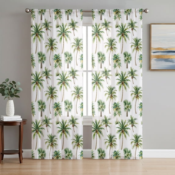 Green Palm Trees Sheer Curtains 84 Inch Length 2 Panels Set, Summer Tropical Botanical Simple Voile Window Treatment Rod Pocket Curtains Sheers Drapes for Bedroom/Living Room/Kitchen 52"x84"x2