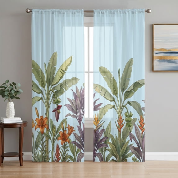 Green Palm Trees Sheer Curtains 84 Inch Length 2 Panels Set, Summer Tropical Flowers Plants Blue Voile Window Treatment Rod Pocket Curtains Sheers Drapes for Bedroom/Living Room/Kitchen 52"x84"x2