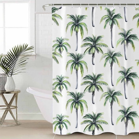 Green Palm Trees Shower Curtain Set, Waterproof Shower Curtains for Bathroom, Summer Botanical Watercolor Washable Fabric Cloth Bath Curtain for Bathtub Decoration with Hooks 54x78 Inches