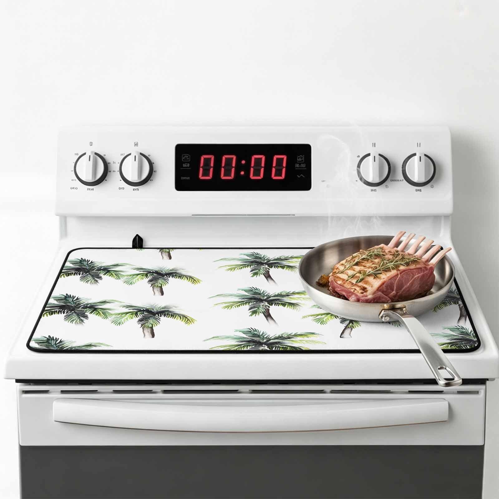 Green Palm Trees Stove Top Cover for Electric Stove, Heat-proof & Non Slip Glass Top Stove Cover Protector, Summer Botanical Modern Art Kitchen Flat Cooktop Rubber Mat 24x21 Inches