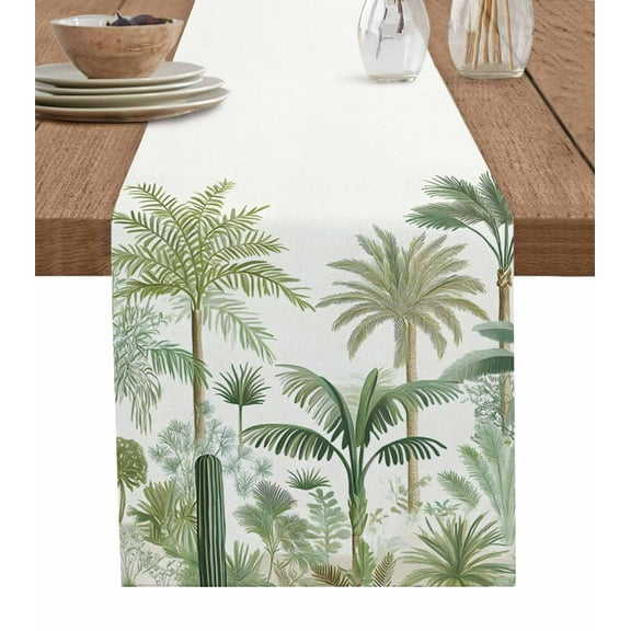 Green Palm Trees Table Runner Cotton Linen 36 Inch Holiday Dresser Scarves, Farmhouse Summer Leaves Plants Birds Tablerunner for Kitchen Coffee Dining Bedroom Dinner Scarf Décor 13''x36''