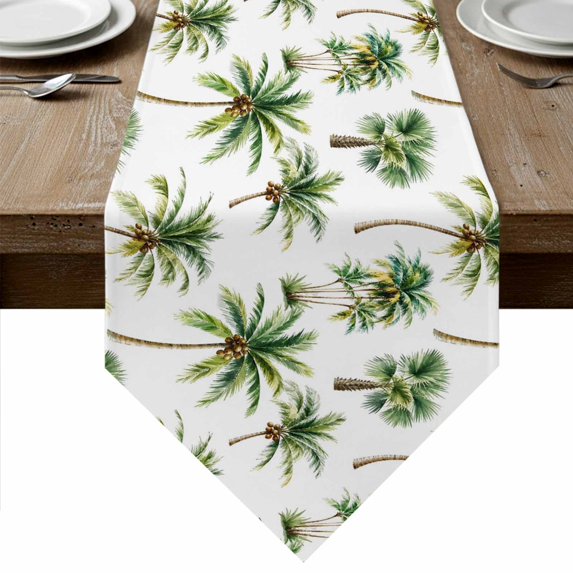Green Palm Trees Table Runner Linen Burlap Table Runner 70 Inches Long Summer Tropical Botanical Simple Dresser Scarves for Kitchen Island Coffee Dining Room Party Wedding Holiday Decoration 13"x70"