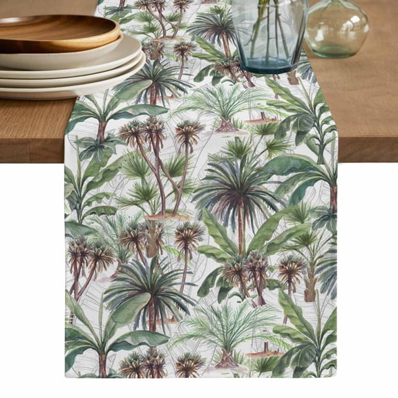 Green Palm Trees Table Runner, Summer Botanical Tropical Leaves Washable Cotton Linen Table Runners 36 Inches Long, Dresser Scarf Runner for Nightstand/End Tables/Round Tables 13''x36''