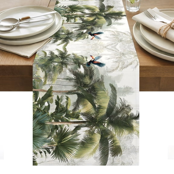 Green Palm Trees Table Runner Tropical Rainforest Botanical Summer Tablerunners 13 x 36 Inch, Table Decorations Tabletop Scarf for Summer Gathering Holiday Farmhouse Kitchen Dining Decor