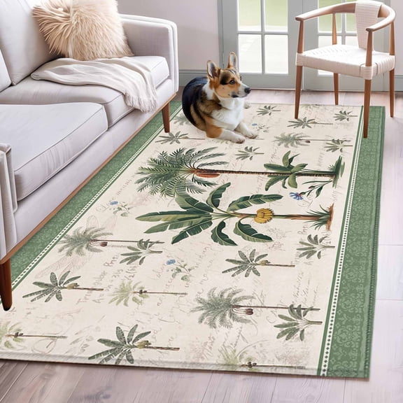 Green Palms 4'x6' Area Rugs Summer Bohemian Tree Rainforest Plants Green Border Washable Area Rugs Non-Slip Indoor Floor Mats Carpet for Living Room Bedroom Dining Room