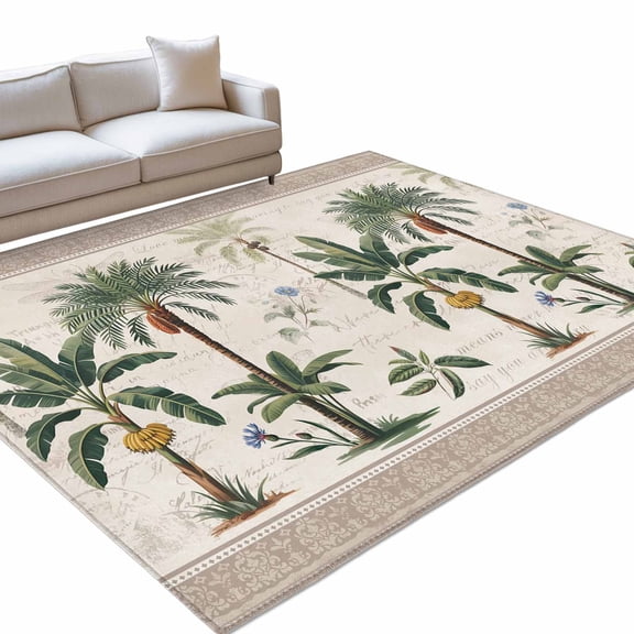 Green Palms 6x9ft Non Slip Area Rug Summer Boho Tree Rainforest Plants Grown Border Washable Soft Area Rugs for Living Room, Indoor Circle Carpet for Bedroom Dining Room Kitchen