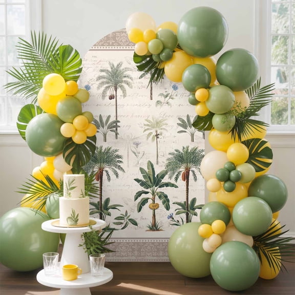 Green Palms Arch Backdrop Cover, 4FT, Summer Boho Tree Rainforest Plants Grown Border Spandex Arch Covers Double-Sided Backdrop for Wedding Birthday Party Photo Background Decoration