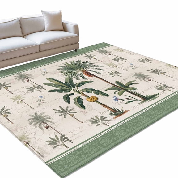 Green Palms Area Rug, Summer Bohemian Tree Rainforest Plants Green Border Non-Slip Felt Rubber Backing Rectangle Indoor Carpet Washable Rugs for Living Room Bedroom 5x7ft