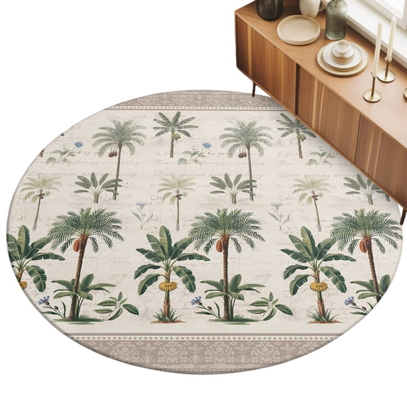 Green Palms Area Rug, Summer Boho Tree Rainforest Plants Grown Border Non-Slip Felt Rubber Backing Round Indoor Carpet Washable Rugs for Living Room Bedroom 3ft