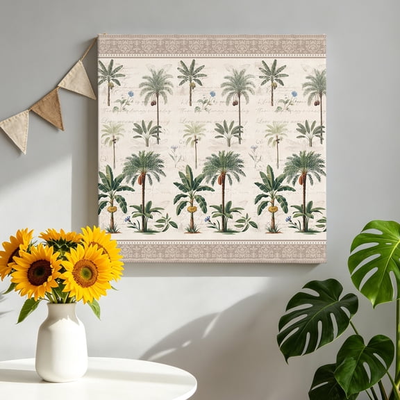 Green Palms Canvas Wall Art, Summer Boho Tree Rainforest Plants Grown Border Framed Canvas Wall Decor Picture Print Artwork Decorations for Living Room Office Ready to Hang 8" x 8"