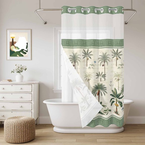 Green Palms No Hook Shower Curtain with Snap in Liner, Bohemian Tree Rainforest Plants Modern Waterproof Shower Curtains with See Through Top Window Liner for Bathroom, 36x78 Inches