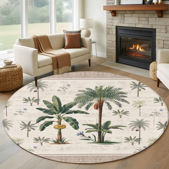 Green Palms Round Rug 5Ft Summer Bohemian Tree Rainforest Plants Grown Border Circle Area Rugs Washable Non Slip Indoor Floor Mats Carpet for Living Room Bedroom Dining Room Home Decor