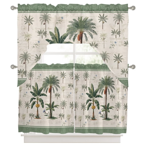 Green Palms Swag Valance and Tier Set of 3, Summer Bohemian Tree Rainforest Plants Green Border Swag Curtains Valances for Small Window Treatment Rod Pocket for Kitchen Bathroom 56x36in+27.5x36*2