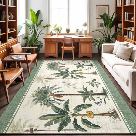 Green Palms Washable Area Rug 3 x 5 ft Bohemian Tree Rainforest Plants Modern, Soft Non Slip Rugs Stain Repellent Indoor Felt Carpet for Living Dining Room Bedroom Home Office