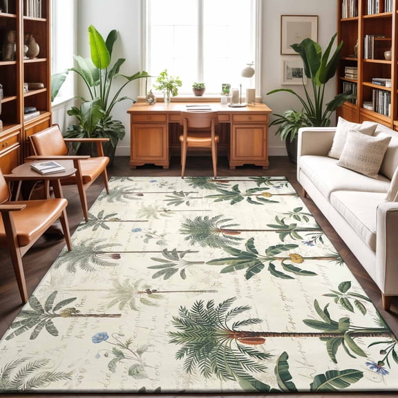 Green Palms Washable Area Rug 9 x 12 ft Bohemian Tree Rainforest Plants Modern Minimalist, Soft Non Slip Rugs Stain Repellent Indoor Felt Carpet for Living Dining Room Bedroom Home Office
