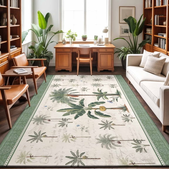 Green Palms Washable Area Rug 9 x 12 ft Summer Bohemian Tree Rainforest Plants Green Border, Soft Non Slip Rugs Stain Repellent Indoor Felt Carpet for Living Dining Room Bedroom Home Office