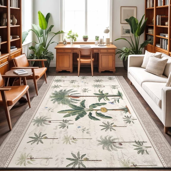 Green Palms Washable Area Rug 9 x 12 ft Summer Bohemian Tree Rainforest Plants Grown Border, Soft Non Slip Rugs Stain Repellent Indoor Felt Carpet for Living Dining Room Bedroom Home Office