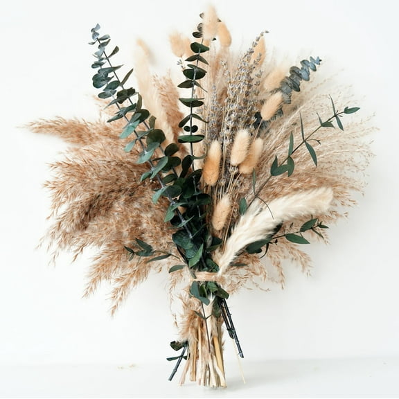 Green Pampas Grass Dried Bouquet with Lavender Eucalyptus Rustic Flowers for Boho Home Decor Wedding Table Centerpiece Bedroom Office Fall Arrangement, brown