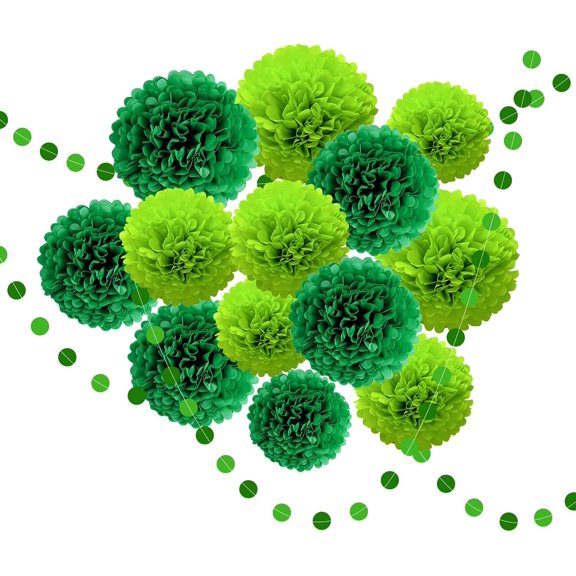 Green Party Decorations, 16 PCS Tissue Paper Pom Poms Dots Paper Garland Kit for St Patricks Day Birthday Graduation Green Boho Wedding Engagement Baby Shower Party Hanging Decor