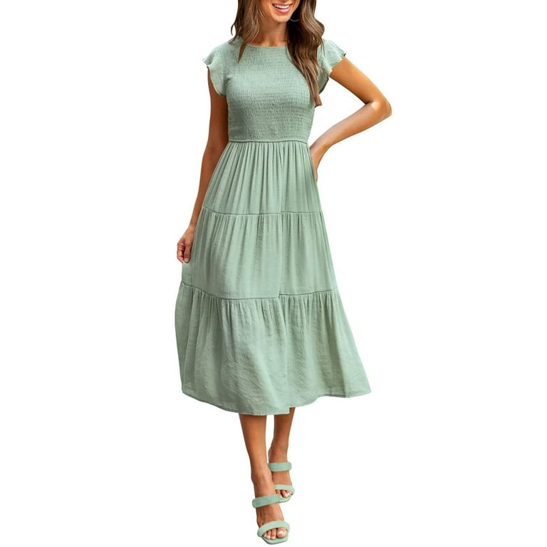 Green Party Dresses Casual Summer Midi Dress, Flutter Sleeve, Crew
