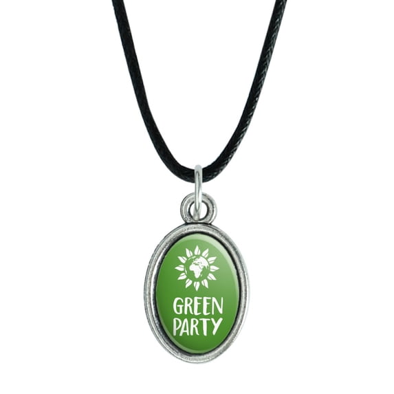 Green Party Flower Globe Antiqued Oval Charm Pendant with Black Satin Cord