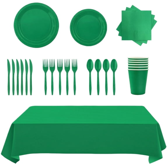 Green Party Tableware Set, 144 PCS Disposable Heavy Duty Paper Plates Napkins Cups Tablecloth for 24 Guests Jungle Safari Birthday Picnic Supplies 9 Inch Plates 12 Ounce Cups, a