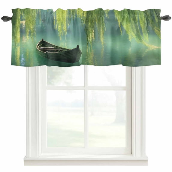 Green Pastoral Farmhouse Short Window Curtain Valances, Farmhouse Boat Lake Tree Leaves Rod Pocket Kitchen Valances for Living Room Bedroom Bathroom Cafe 60" x 18"