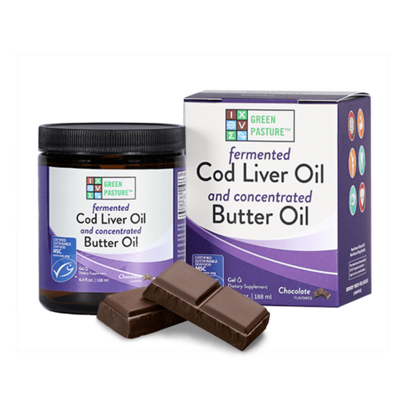 Green Pasture Fermented Cod Liver Oil and Concentrated Butter Oil Gel, 6.4 oz/188mL - Chocolate Cream