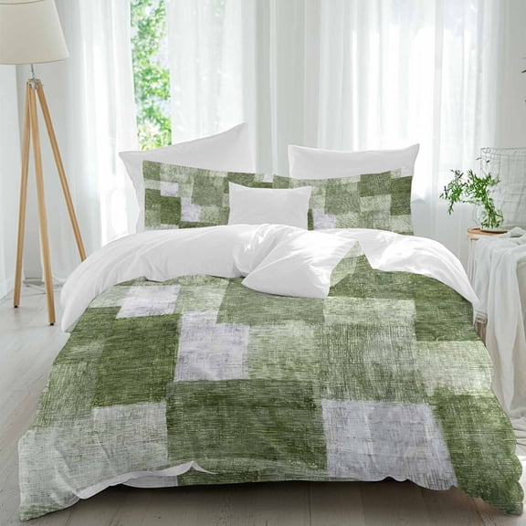 Green Patchwork 4 Piece Duvet Cover Set Queen Size Modern Abstract Sage Green Patchwork Soft Bedding Set Comforter Cover, 1 Duvet Cover 1 Flat Sheets and 2 Pillowcases
