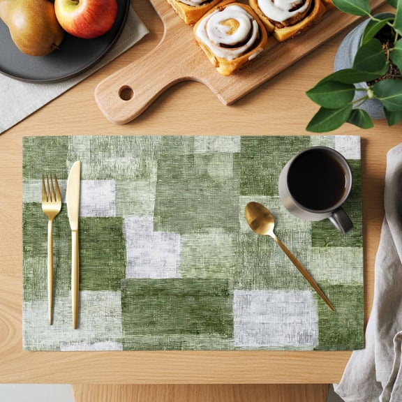 Green Patchwork Placemats Set of 1, Modern Abstract Sage Green Patchwork Heat Insulated Linen Place Mats, Washable Stain-Proof Table Mats for Dining Tables Holiday Decor 13x19 Inches