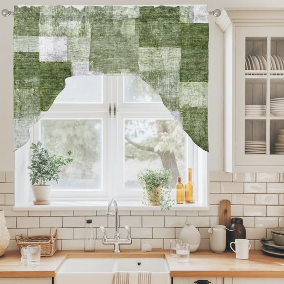 Green Patchwork Swag Curtain Valance for Windows, Modern Abstract Sage Green Patchwork Swag Curtains Drapes Rod Pocket for Kitchen Bathroom Small Window, 1 Panel 56x36in